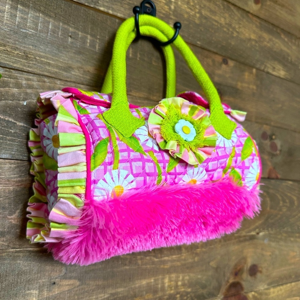 Boutique Purse for Girls- mixed media, daisies, bright pink lime green